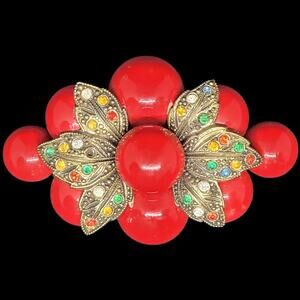 Glam Retro 1940s Cherry Rhinestone Plastic Brooch Statement Accessory